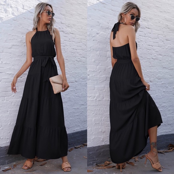 boho Black tiered ruffle belted halter maxi dress - Picture 8 of 8